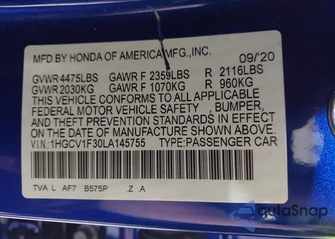2020 Honda Accord Sport from USA, damaged, VIN 1HGCV1F30LA145755